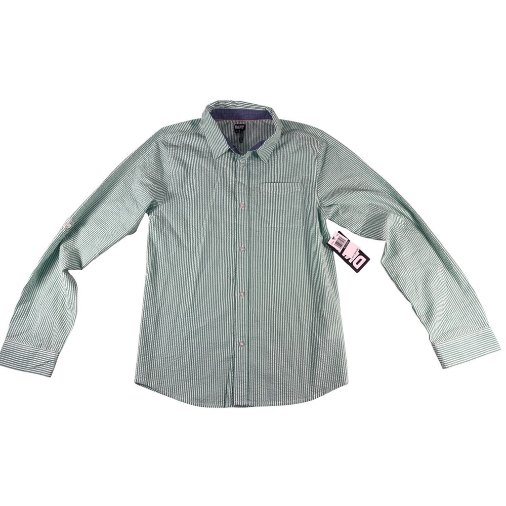 DKNY Boys Seersucker Button‎ Down Shirt Green White Stripe XL 18-20 N2217D88